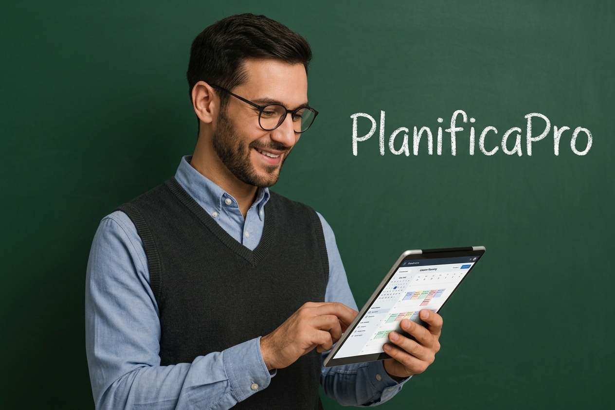 Docente sonriente usando PlanificaPro en una tablet, frente a una pizarra verde